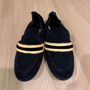 Lanvin Dark Blue Suede Shoes with Gold Trim
